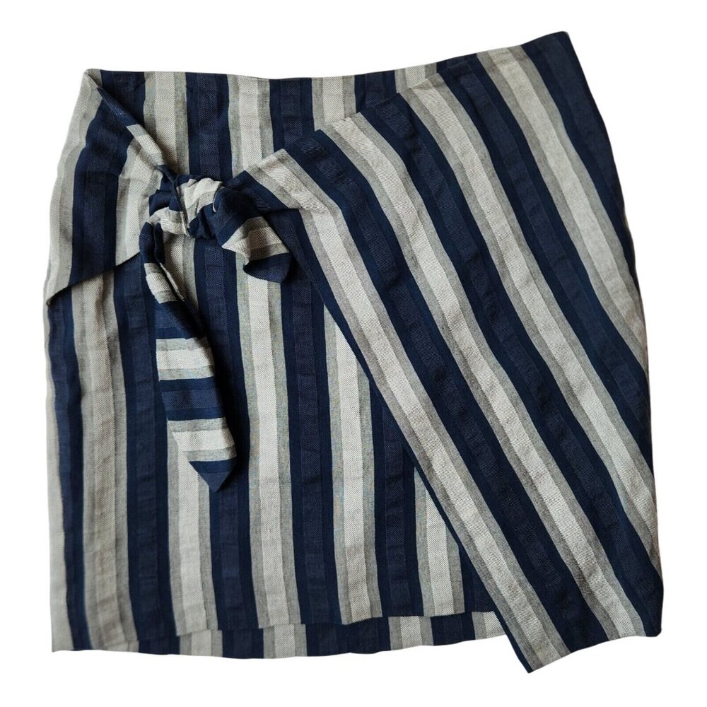 Madewell Size 0 Blue Gray Striped Faux Wrap Linen Blend  Mini Skirt Cute!